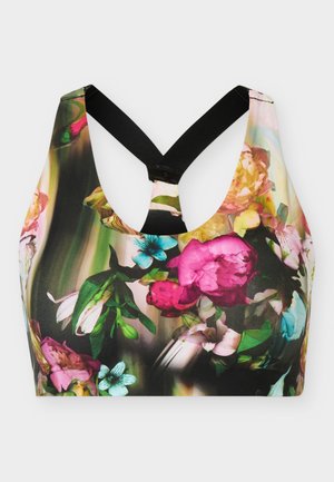 Sport-BH mit lebendigem floralen Muster in Pink-, Blau-, Gelb- und Grüntönen, mit schwarzem Racerback-Trägerdesign.