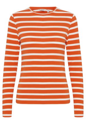 Pitkähihaisen t-paidan design sisältää rohkeita oransseja ja valkoisia raitoja, se on valmistettu pehmeästä puuvillasta ja siinä on pyöreä kaula-aukko sekä vartalonmyötäinen leikkaus.