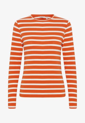 Langsleeve T-shirt met gedurfde oranje en witte strepen, gemaakt van zachte katoen, met een ronde halslijn en een aansluitende snit.