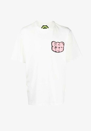 Valkoinen lyhythihainen T-paita, jossa on pyöreä pääntie ja vasemmassa rinnassa vaaleanpunainen bubble-tekstilogo, jossa lukee "BARROW".