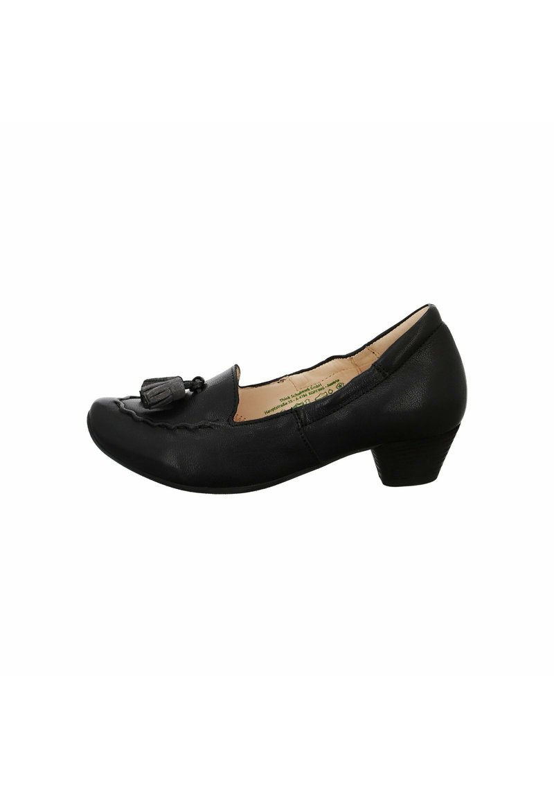 Schwarze Leder-Ballerinas für Damen mit rundem Zehenbereich, dekorativen Quasten und kleinem Absatz. Glatte Textur und schlichtes Design.
