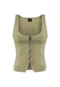 Olivenfarbene ärmellose Bluse mit einem Reißverschluss vorne und kontrastierenden weißen Nähten. Bietet ein tailliertes Design und einen geraden Saum.