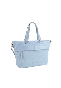 Borsa a tote blu chiaro con parte inferiore testurizzata e pannello superiore liscio. Presenta doppi manici, un cinturino removibile e una chiusura con zip.