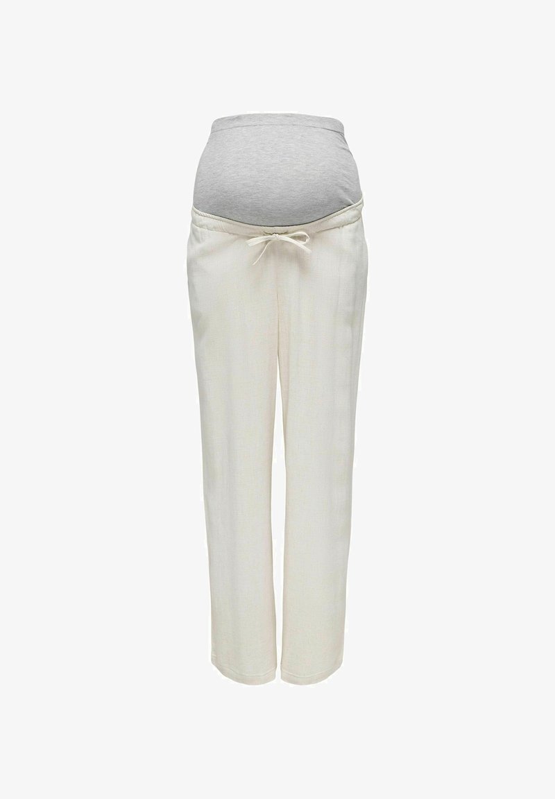 Těhotenské kalhoty s světle šedým jersey páskem na břiše, vyrobené z krémově zbarvené látky, s pružným pasem na šňůrku a rovnými nohavicemi.