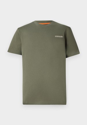 Olijfgroen t-shirt van katoen, met korte mouwen, een ronde halslijn en een klein logo op de borst.