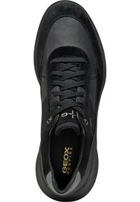 Black sneaker with leather and suede upper, round toe, lace-up design, padded collar, and breathable insole featuring "GEOX RESPIRA" branding.