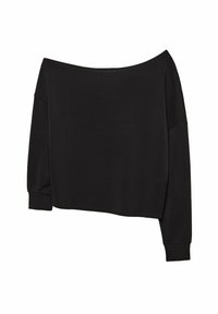 Top negro de manga larga con diseño off-the-shoulder, corte suelto, escote amplio y puños acanalados. Tejido liso con detalles de diseño mínimos.