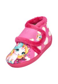 Zapatillas de casa de felpa rosa con diseño de unicornio, con una suave correa de velcro y suela texturizada para mayor comodidad. Detalles de coloridas estrellas y nubes.