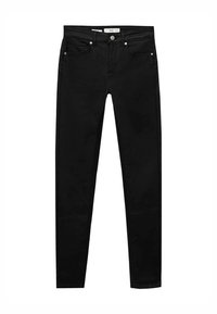 Črne jeans hlače ožjega kroja, ki imajo pet žepov, zapiranje na gumb in zadrgo ter subtilno šivanje ob stranskih šivih.