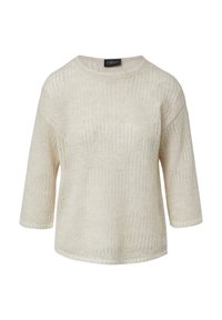 Maglione lavorato a maglia in crema, con una vestibilità ampia, scollo rotondo e maniche corte. Motivo testurizzato e dettagli con una sottile lavorazione a rete.