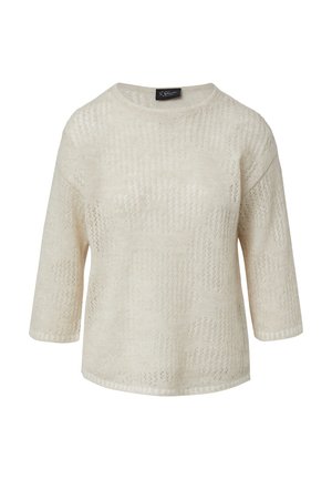 Pull en tricot couleur crème, avec une coupe décontractée, un col rond et des manches courtes. Motif texturé et détails de tricot légèrement ajourés.