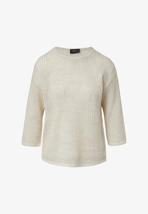 Strickpullover in Creme, mit lockerer Passform, rundem Halsausschnitt und kurzen Ärmeln. Strukturmuster und dezente offene Gewebedetails.