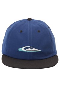 Blå kasket med en sort skygge, prydet med et broderet logo i hvid og lys teal. Fremstillet af stof med en glat tekstur og seks-panel design.
