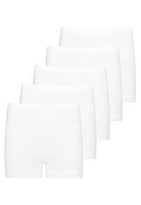 Five pairs of white cotton boxer shorts, featuring a smooth texture, elastic waistband, and a short leg design with a slight cut-out.