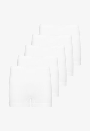 Fünf Paar weiße Baumwollboxershorts mit glatter Textur, elastischem Bund und einem kurzen Bein-Design mit einem leichten Ausschnitt.
