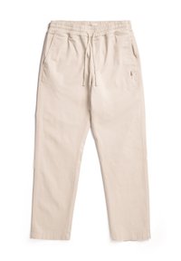 Beige Baumwollhose mit elastischem Bund und Kordelzug. Verfügt über zwei seitliche Taschen und ein kleines Baum-Logo auf der Vorderseite.