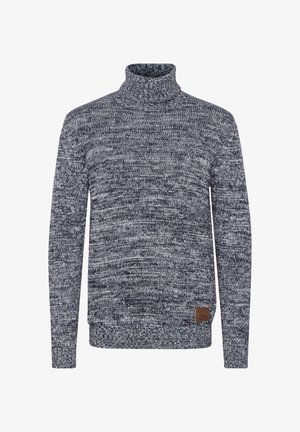 Marine in sivo melirano pleteno pulover z visoko ovratnico, z rebrastimi manšeti in robom, z rjavim usnjenim oznako v levem spodnjem kotu.