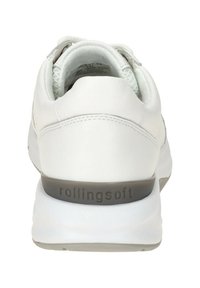Witte leren sneaker met een ronde achterkant, grijze buitenzool en "rollingsoft" gedrukt op de hiel. Beschikt over een gestructureerde, ademende binnenvoering.