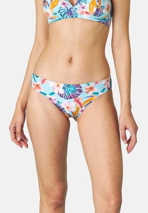 Bikini floreale con sfondo azzurro chiaro. Caratterizzato da fiori e foglie tropicali multicolori. Tessuto liscio e top regolabile.