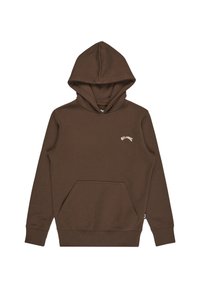Brun hettegenser med frontlomme og liten logo på brystet. Enkel design, uformell stil, egnet for ulike anledninger.