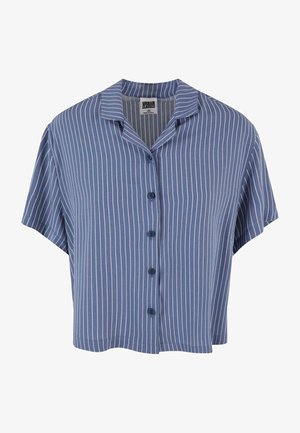 Chemise à manches courtes et à boutons, fabriquée en tissu doux de couleur bleue avec des rayures verticales blanches, dotée d'un col classique et d'un ourlet arrondi.