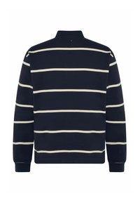Marineblå langærmet polo shirt med hvide vandrette striber, ribbede manchetter og en kort krave, vist fra ryggen.