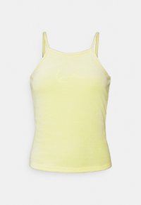 Kollane ilma varrukateta tanktop, pehme tekstuuriga, millel on õhukesed õlavarre rihmad ja peen tikand ees.