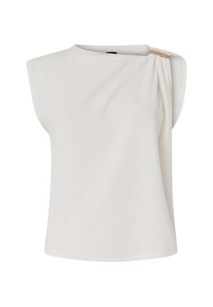 Haut blanc sans manches avec un col rond et un détail de fermoir doré rassemblant le tissu sur l'épaule gauche.