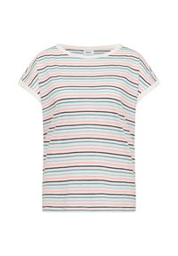 Short-sleeve white T-shirt with horizontal pastel stripes in pink, blue, and black, and a round neckline.