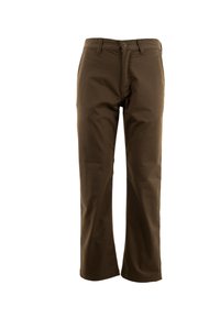 Pantaloni in cotone marrone misto con design a gamba dritta, chiusura frontale con bottone e stile classico a cinque tasche. Tessuto liscio, senza fantasie.