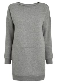 Robe sweat gris à coupe décontractée, manches longues, encolure ronde et poignets côtelés. Fabriquée en tissu doux et texturé.