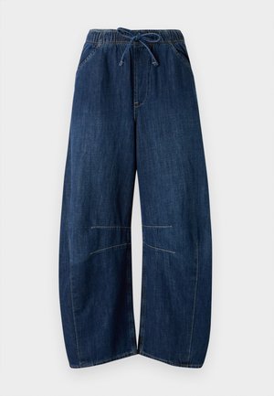 Wide-leg denim pants in dark blue. Features an elastic waistband with drawstring, two side pockets, and contrasting stitching accents.