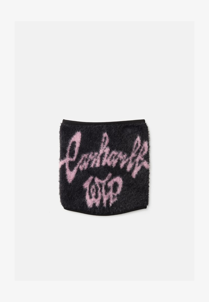 Accesorio textil negro y peludo con letras grandes en rosa y un diseño juguetón. Los acentos incluyen una textura que parece suave y esponjosa.