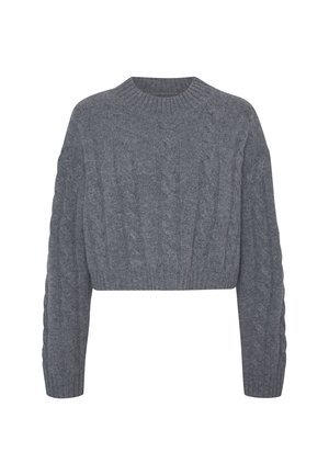 Maglione grigio a coste con collo e polsini a coste, caratterizzato da motivi testurizzati e maniche larghe. Materiale morbido e lavorato a maglia.