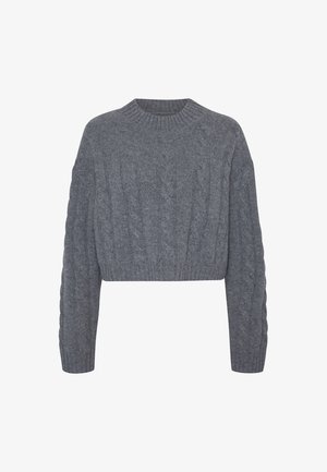 Maglione grigio a coste con collo e polsini a coste, caratterizzato da motivi testurizzati e maniche larghe. Materiale morbido e lavorato a maglia.
