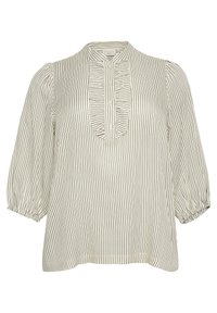 Blouse crème clair avec des rayures verticales noires, un col mandarin et une patte de boutonnage avec un accent froncé. Manches ballon avec des poignets élastiques.