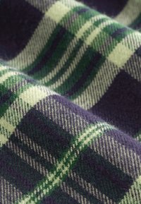 Tessuto di lana con motivo a quadri verdi e blu navy, caratterizzato da strisce alternate di verde chiaro e verde scuro su uno sfondo texturizzato.