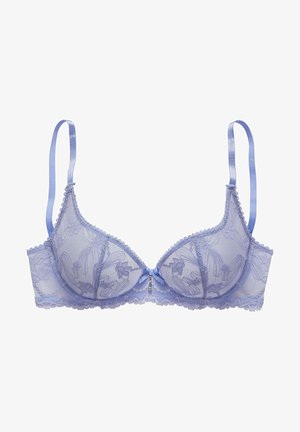 Helle lila Spitzen-BH mit vorgeformten Cups, floralem Muster, gewellten Rändern und Satinschulterträgern. Enthält ein kleines dekoratives Detail in der Mitte.
