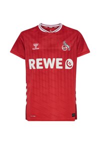 Maglietta da calcio rossa realizzata in tessuto traspirante, con collo rotondo, dettagli bianchi, logo e grande testo "REWE" sul davanti. Motivo a righe orizzontali.