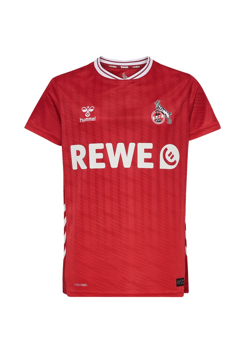Maglietta da calcio rossa realizzata in tessuto traspirante, con collo rotondo, dettagli bianchi, logo e grande testo "REWE" sul davanti. Motivo a righe orizzontali.