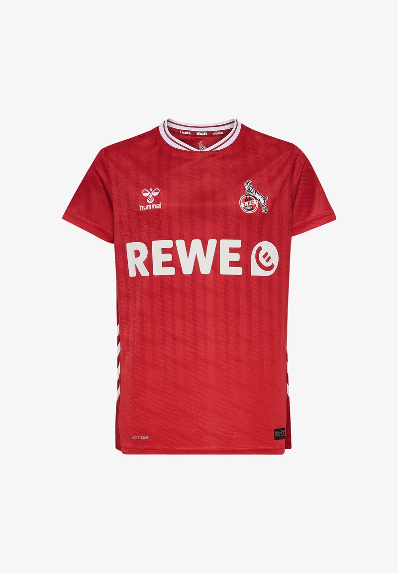 Röd fotbollströja i andningsbart tyg med rund halsringning, vita detaljer, logotyp och stor "REWE"-text fram. Horisontellt randigt mönster.