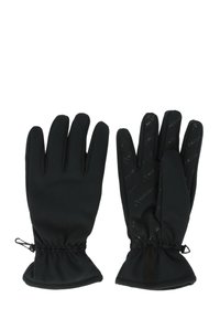 Sorte handsker lavet af strækbart materiale med fem fingre, elastiske håndledsmanchetter og prægede logo-detaljer på håndfladerne.