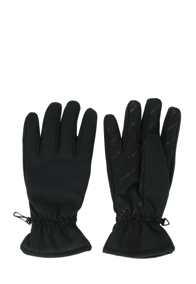 Sorte handsker lavet af strækbart materiale med fem fingre, elastiske håndledsmanchetter og prægede logo-detaljer på håndfladerne.