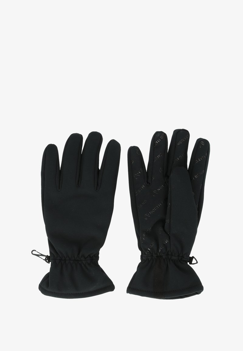 Sorte handsker lavet af strækbart materiale med fem fingre, elastiske håndledsmanchetter og prægede logo-detaljer på håndfladerne.