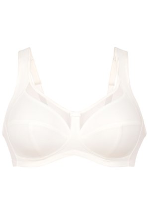 Witte beha met een volledig dekkend ontwerp, zachte stof, brede bandjes en naaddetail. Voorzien van gevormde cups en een centrale haaksluiting.