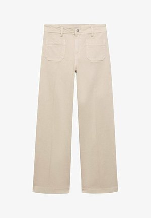 Beige wide-leg pants made of cotton. Features a zipper fly, a front button, and two patch pockets on the back. Clean hem with no embellishments.