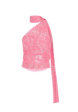 Rosa Ein-Schulter-Top mit silbernem Schimmer, gerafften Seiten und langem Band zum Binden um den Hals.