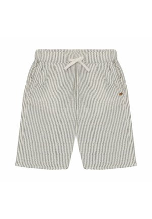 Hellgraue Shorts mit vertikalen dünnen schwarzen Streifen, einem elastischen Bund, Fronttaschen und einem weißen Kordelzug.