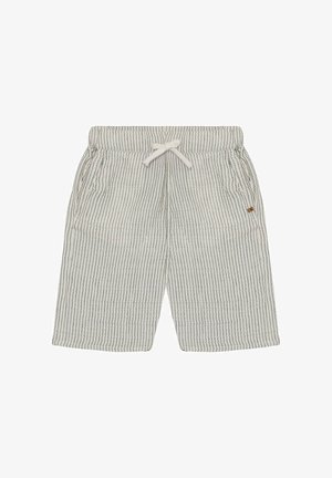 Pantaloncini grigio chiaro con sottili righe verticali nere, vita elastica, tasche frontali e cordino bianco.