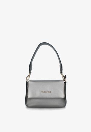Borsa in pelle grigia con una texture liscia, un manico corto e dettagli in oro. Presenta il nome del marchio "Valentino" in modo prominente.